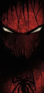 Dark red symbiote with intense eyes and shadows on wallpaper.