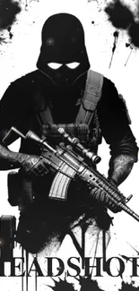 Monochrome art of a tactical soldier with a rifle on mobile wallpaper.