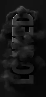 Vertical text with smoke on black.