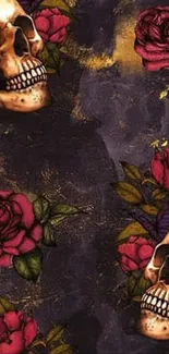 Gothic dark themed wallpaper with skulls, roses, and crows.