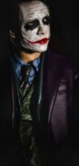 Joker in a dark suit with a moody, dramatic background.