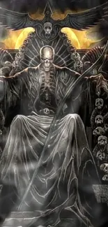 Eerie dark art wallpaper with skull throne and grim figure.