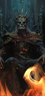 Skeletal figure on a dark throne with flames.