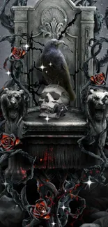 Dark throne with gothic elements like skull, raven, and roses on wallpaper.