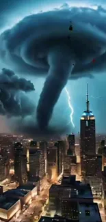 Tornado and lightning over a dark cityscape.