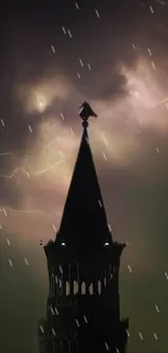 Dark tower silhouette with lightning and rain.