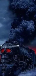 A dark train with a skull and red eyes, emitting thick smoke.