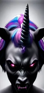 Dark unicorn with vibrant purple and blue mane in digital art.