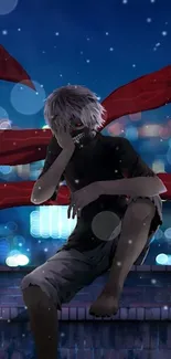 Dark urban anime character with red details in cityscape.