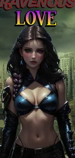 Mysterious warrior in dark urban setting with vibrant fantasy elements.