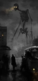 Dark urban fantasy wallpaper with giant skeleton.