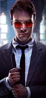 Dark urban hero with red glasses in cityscape.