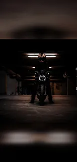 Motorcycle in a dark garage with a mysterious rider.