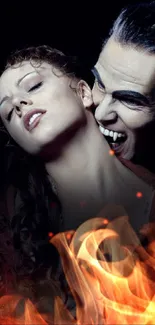 Vampire embraces woman in dark, gothic wallpaper.