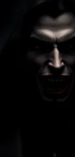 Dark vampire face with glowing eyes in shadowy background.