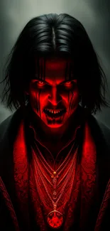 Dark vampire with glowing red aura in a mysterious, gothic-themed wallpaper.