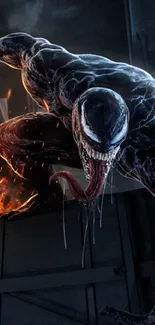 Dark Venom crouching with fiery background.