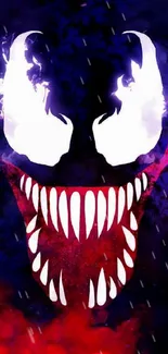 Dark artistic Venom face with vibrant colors on a mobile wallpaper.