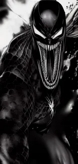 Monochrome Venom graphic art with dark and dynamic design.