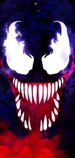 Venom-inspired wallpaper with white flames and a sinister smile on a dark background.