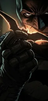 Dark vigilante holding a sharp batarang in moody lighting.