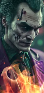 Dark-suited villain with green hair and scars in moody lighting.