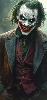 Dark grinning villain in a suit with intense expression