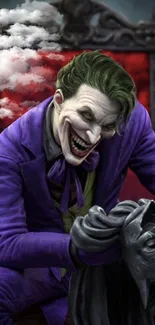 Dynamic Joker in purple suit, holding face with clouds in background.