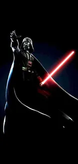 Dark villain with red lightsaber on black background, iconic sci-fi theme.