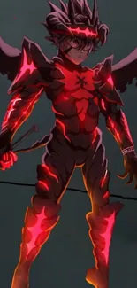 Dark anime warrior with glowing red armor and wings.