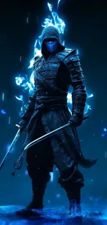 Dark warrior with blue flames in a fantasy setting.