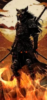 Dark-armored warrior stands against a full moon in a fantasy setting.