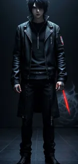 Dark warrior in black leather with glowing red sword.