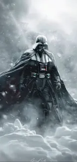 Dark warrior in snowstorm with gray sky.