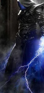 Dark armored warrior with blue lightning in fantasy wallpaper.