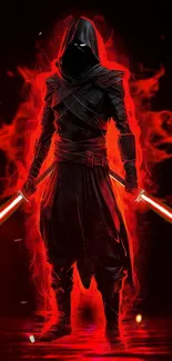 Dark hooded warrior with red lightsabers on fiery background.