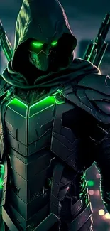 Dark armored figure with green neon glow in cityscape.