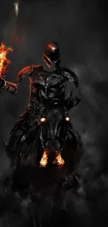 Dark armored knight on flaming horse in smoky darkness.