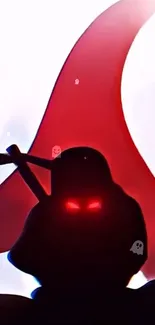 Dark silhouette of a warrior with glowing red eyes on a mobile wallpaper.