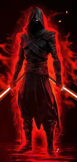 Cloaked warrior with red lightsabers and fiery background.