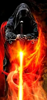 Dark warrior holds a fiery sword surrounded by flames.