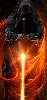 Mysterious dark figure wielding a glowing fiery sword against a mystical backdrop.