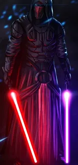 Mysterious dark warrior with red and purple lightsabers on a moody background.