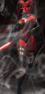 Dark female warrior with red glowing saber and black cape.