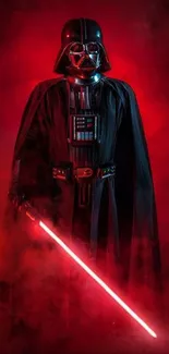 Dark warrior with red saber in foggy red background.