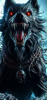 Dark werewolf with glowing red eyes against a mystical backdrop.
