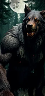 Dark werewolf in a forest with a full moon night sky.