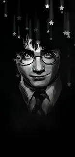 Stylized grayscale wizard portrait on a dark background for mobile.