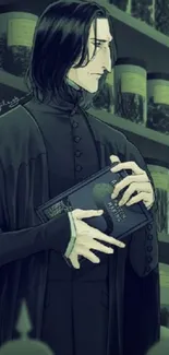 Dark wizard holding a book in an illustrated mysterious setting.