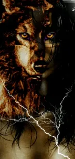 Half-wolf, half-woman art with lightning on dark background.